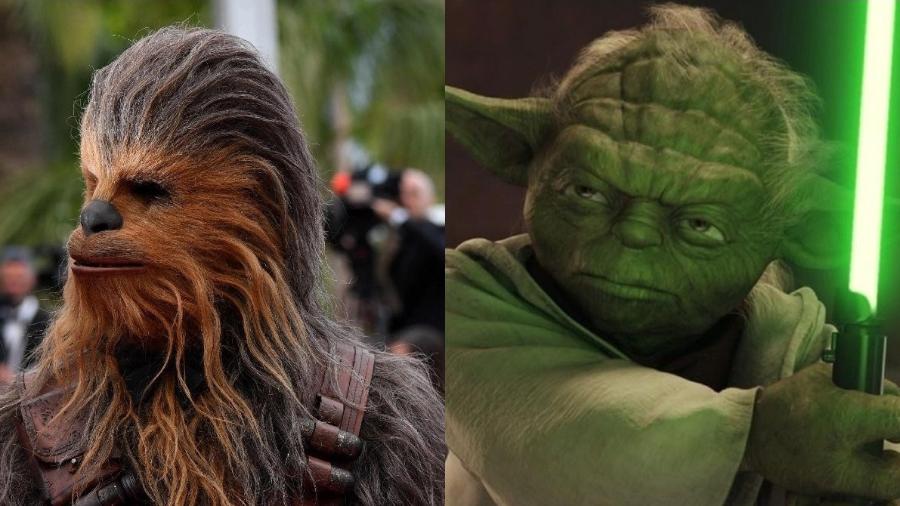 Montagem com os personagens de Guerra nas Estrelas (Star Wars): Chewbacca (esq.) e Yoda (dir.) - Montagem com imagens AFP e divulgação/Lucasfilm/Disney
