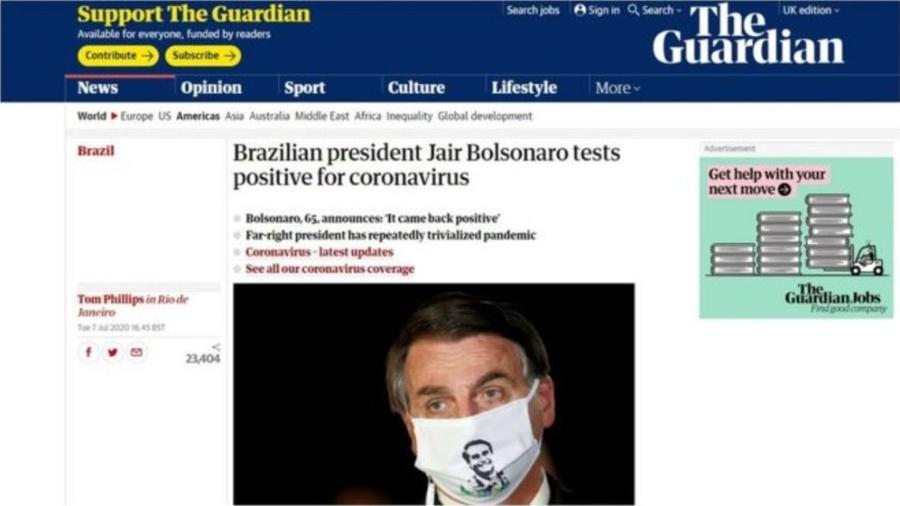 Diagnóstico positivo de Bolsonaro ganhou amplo destaque nos principais jornais do mundo, como o britânico The Guardian - reprodução/The Guardian