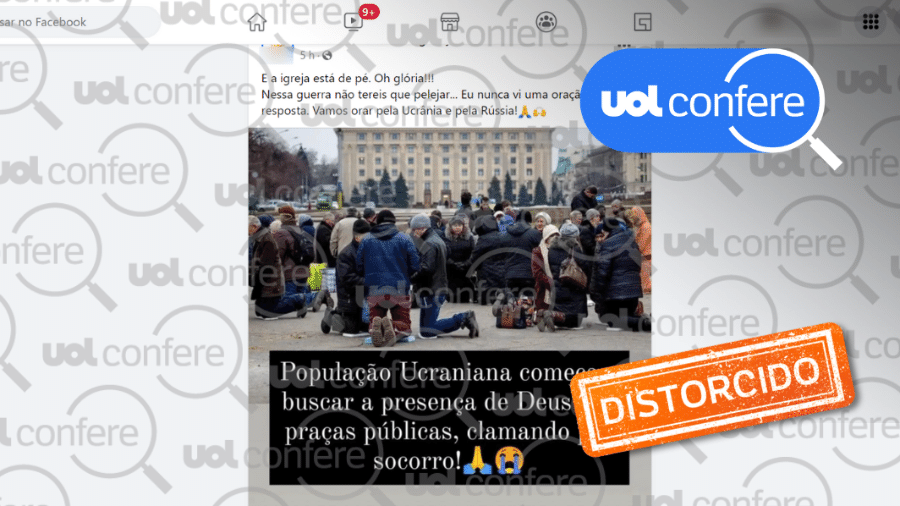 24.fev.2022 - Foto de pessoas rezando em praça na Ucrânia é de 2015 - Arte/UOL sobre Reprodução/Facebook