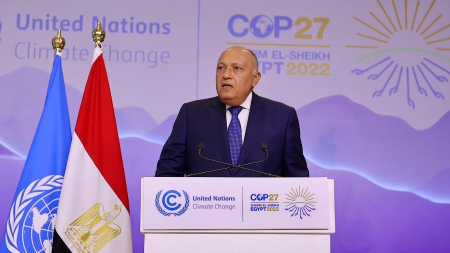 O presidente da COP 27, Sameh Shoukry, faz um balanço das negociações em pronunciamento - Divulgação/ ONU