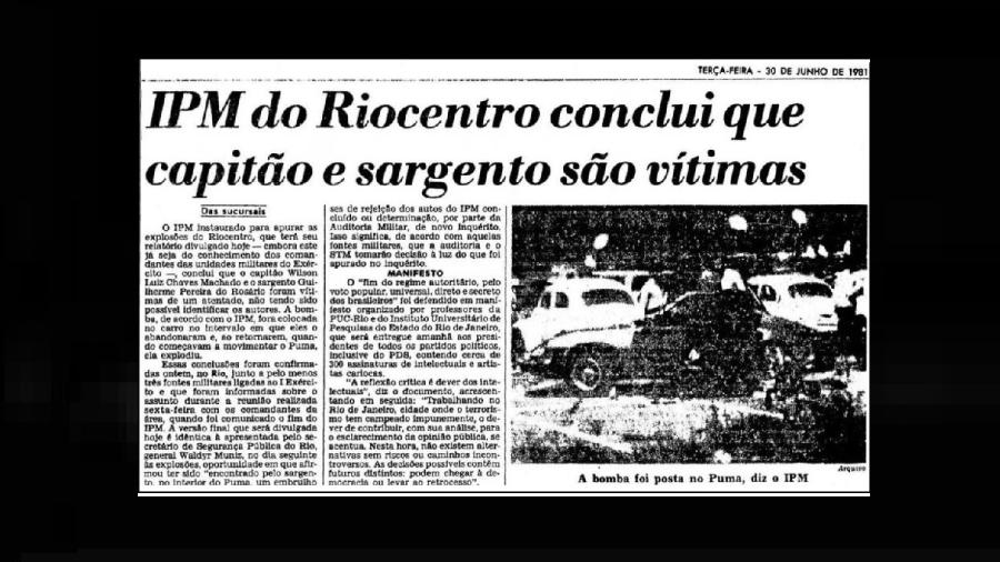 Manchete de página do Estadão sobre o IPM do Riocentro que acusava as vítimas e vitimava os algozes