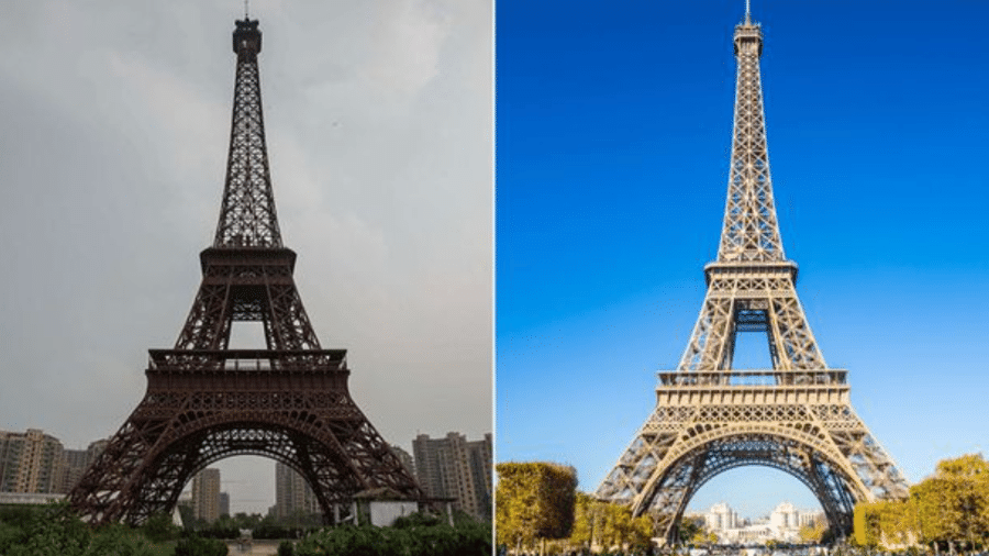 A cópia chinesa da Torre Eiffel e a original, lado a lado; a primeira tem um terço do tamanho - Reprodução/Twitter