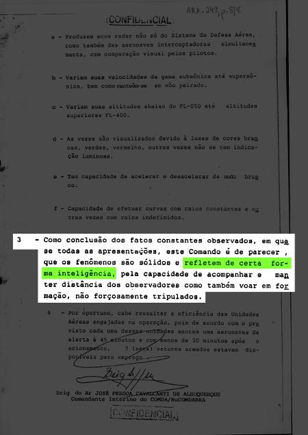 Relatório de ocorrência datado de 2 de junho de 1986, poucos dias após a "noite oficial dos óvnis", em 19 de maio de 1986. O documento é assinado pelo Brigadeiro-do-Ar José Pessoa Cavalcanti de Albuquerque