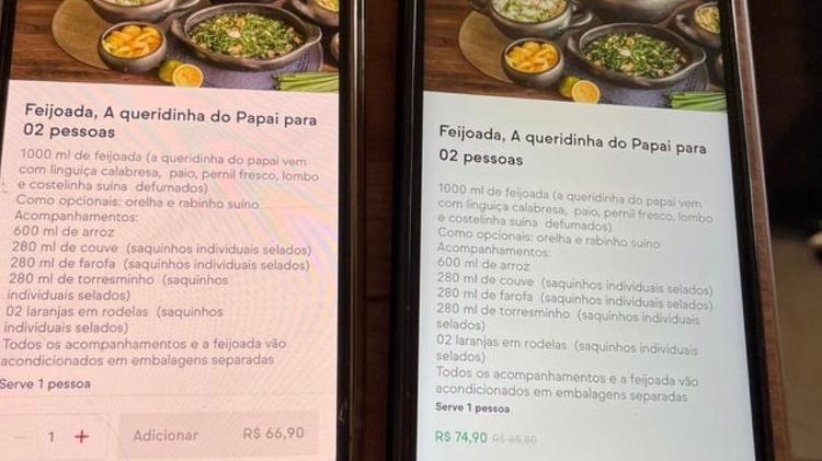iFood charging different values ​​for the same dish;  image posted on Reddit by programmer Filipe (surname omitted) - Reproduction/Reddit - Reproduction/Reddit