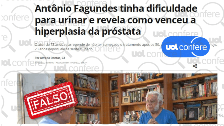 22.ago.2022 - Post falso usa imagem de Antônio Fagundes para vender tratamento para a próstata - Arte/UOL Confere sobre Reprodução de site