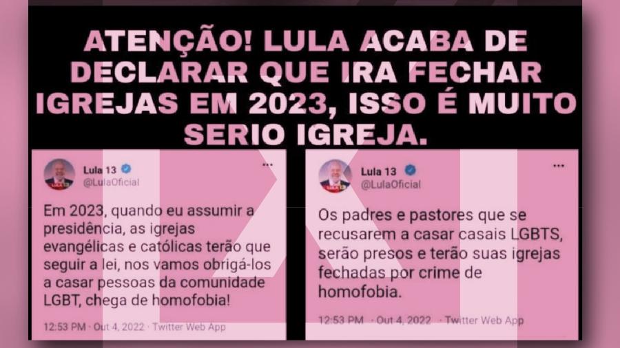 06.out.2022 - É falsa a imagem que circula no WhatsApp sugerindo que Lula (PT) afirmou que fechará igrejas contrárias a casamentos homoafetivos - Projeto Comprova
