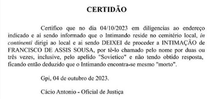 O oficial de Justiça será investigado por certidão em que diz ter ido a cemitério fazer intimação