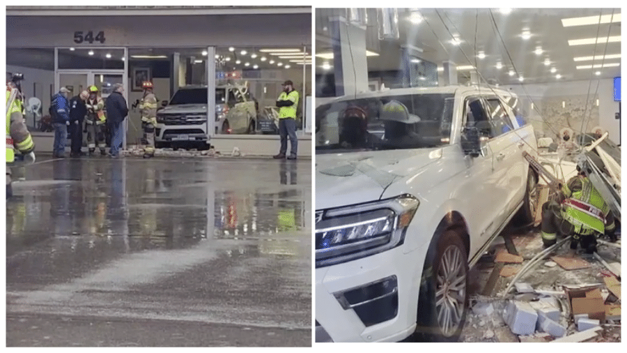 A motorista estava manobrando o carro no estacionamento quando engatou a ré e invadiu o salão