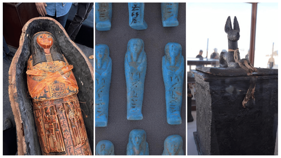 Além dos sarcófagos, os arqueólogos encontraram diversos objetos, como amuletos, estátuas e vasos
