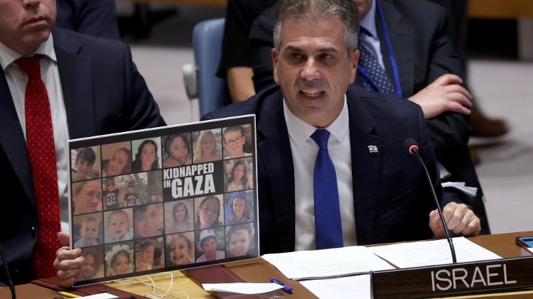 O chanceler israelense Eli Cohen fala no Conselho de Segurança da ONU