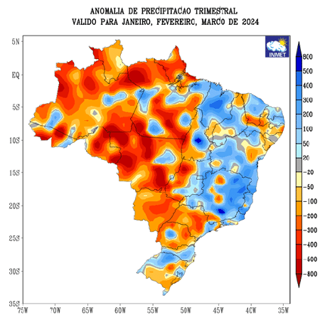 Mapa de anomaila de chuvas mostra parte azul no Nordeste, com chova acima da média no primeiro trimestre