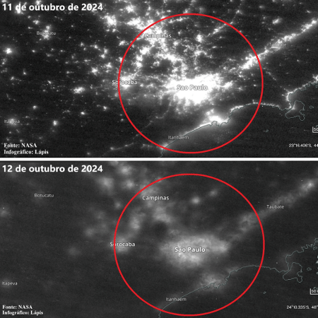 Imagens de satélite mostram São Paulo antes e depois de apagão - Reprodução/LAPIS