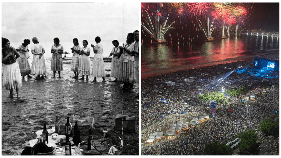 A tradicional festa de fim de ano se iniciou com a celebração de cultos afro-brasileiros na praia de Copacabana