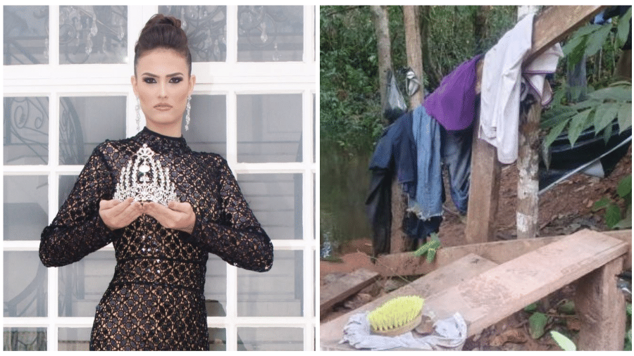 Taiany França Zimpel segurando coroa de Miss Mato Grosso e, ao lado, condições precárias encontradas por fiscais em fazenda de Nova Maringá (MT)