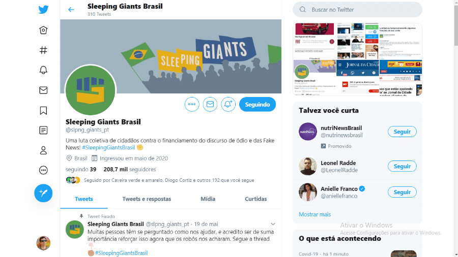 Página principal do perfil do Twitter Sleeping Giants Brasil - Reprodução/Twitter @slpng_giants_pt