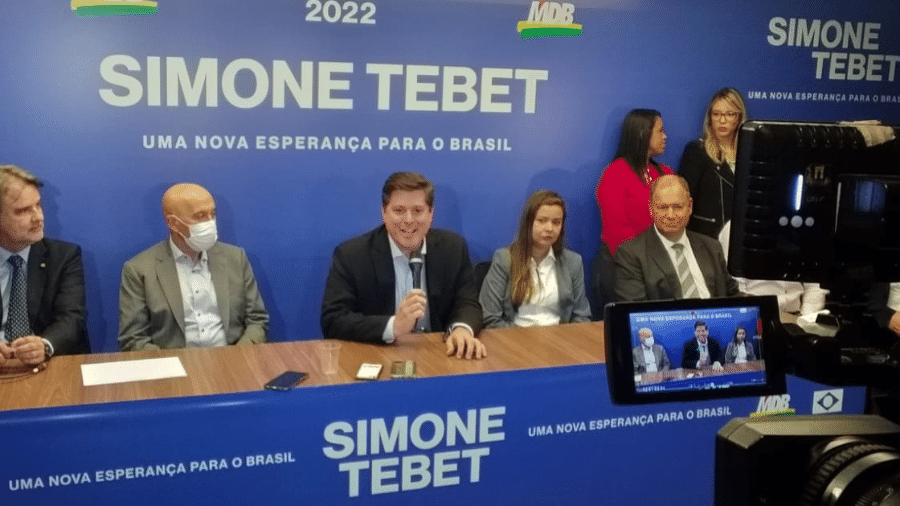24.mai.22 - Cúpula do MDB, em Brasília, anuncia consenso por candidatura de Simone Tebet - Rafael Neves / UOL