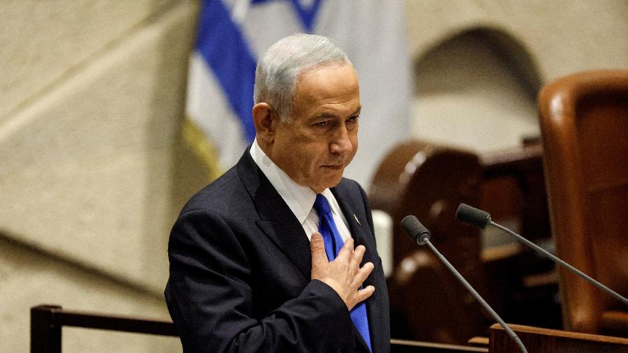 Benjamin Netanyahu fala em sessão especial no Knesset, o parlamento israelense