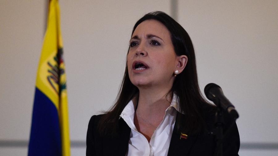 Em foto de 2018, a ex-deputada venezuelana María Corina Machado, vista como a candidata mais de oposição a Nicolás Maduro; ela foi declarada inelegível por 15 anos 