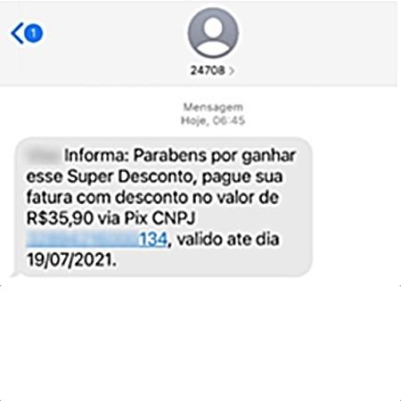 Mensagem SMS com golpe, oferecendo desconto em pagamento de conta por Pix; dinheiro vai direto para cibercriminosos