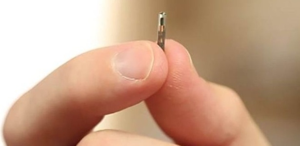 Chip, do tamanho de um grão de arroz, é aplicado com seringa sob a pele entre os dedos polegar e indicador - PRLOG