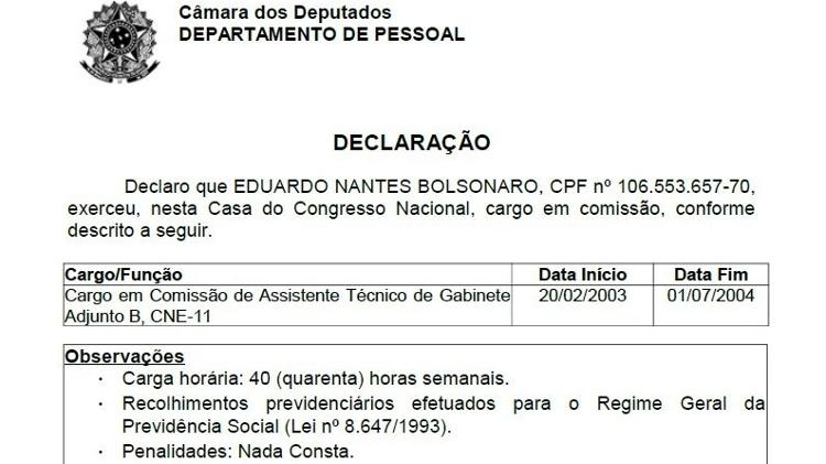 Registro oficial do Departamento Pessoal do cargo que Eduardo exerceu na Câmara - Reprodução