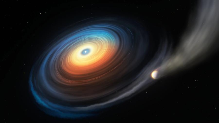 Ilustração baseada em imagens de telescópio mostra planeta gigante e gelado sendo "evaporado" por estrela anã branca - ESO/M. Kornmesser