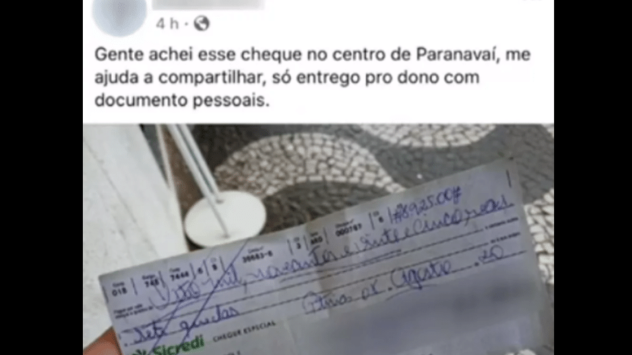 Post em rede social feito por moradora de Paranavaí para encontrar o dono de um cheque de quase R$ 9 mil - Reprodução/Facebook/RPC