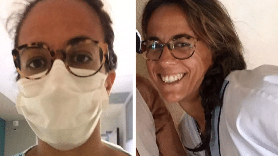 A enfermeira brasileira Julia Loyola teve de recomeçar a graduação de enfermagem do zero para poder trabalhar na França. A foto da direita foi tirada em 2018, quando ela começou o curso na França - Arquivo Pessoal