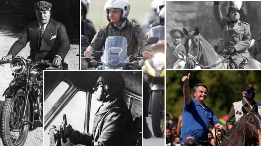 Mussolini e Bolsonaro sobre motos e sobre cavalos - Getty Images; Ueslei Marcelino/Reuters; Reprodução; Pedro Ladeira/Folhapress