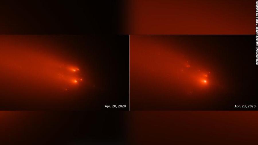 Imagens do Hubble, captadas em 20 e 23 de abril de 2020, revelam o momento em que o cometa Atlas começa a se dividir - Alyssa Pagan/STCD/Quanzhi Ye/UMD/ESA/NASA