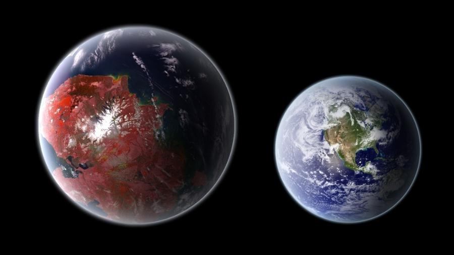 Concepção artística do exoplaneta Kepler-442b ao lado da Terra (dir.) - Ph03nix1986/Wikicommons