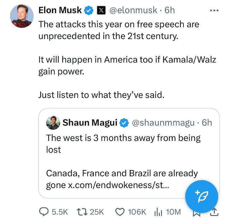 Trecho de publicação de Elon Musk no X