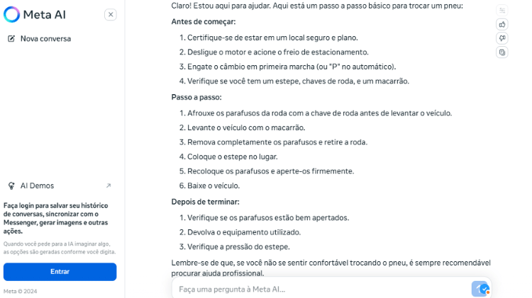 Tutorial de troca de pneu gerado pela Meta AI em conversa no WhatsApp