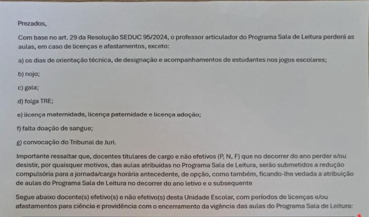 Trecho de email enviado a escolas sobre dispensa de professores que apresentaram atestado Trecho de email enviado a escolas sobre dispensa de professores que apresentaram atestado