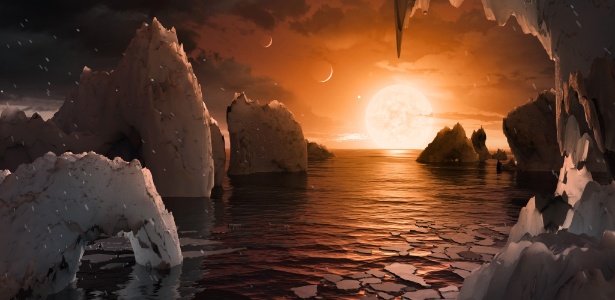 Ilustração de vista de um dos exoplanetas que giram em torno da estrela Trappist-1, descobertos pela Nasa em 2017 - Nasa