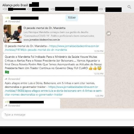 06.abr.2020 – Grupos de WhatsApp de apoiadores de Jair Bolsonaro criticam o ministro da Saúde, Luiz Mandetta - Reprodução - Reprodução