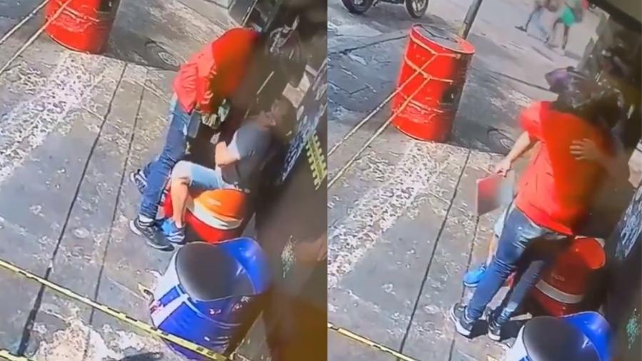 Ladrão tentava assaltar um jovem que estava sentado na frente de um estabelecimento no município de Girón, na Colômbia - Reprodução/Twitter/@MariasRodriguez
