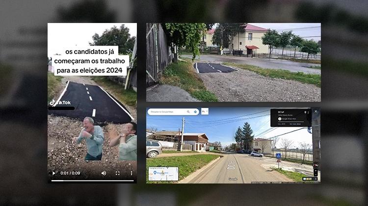 À esquerda, print da desinformação checada. No canto superior direito, a imagem do mesmo asfalto de outro ângulo. No canto inferior direito, a imagem atual da região no Google Maps