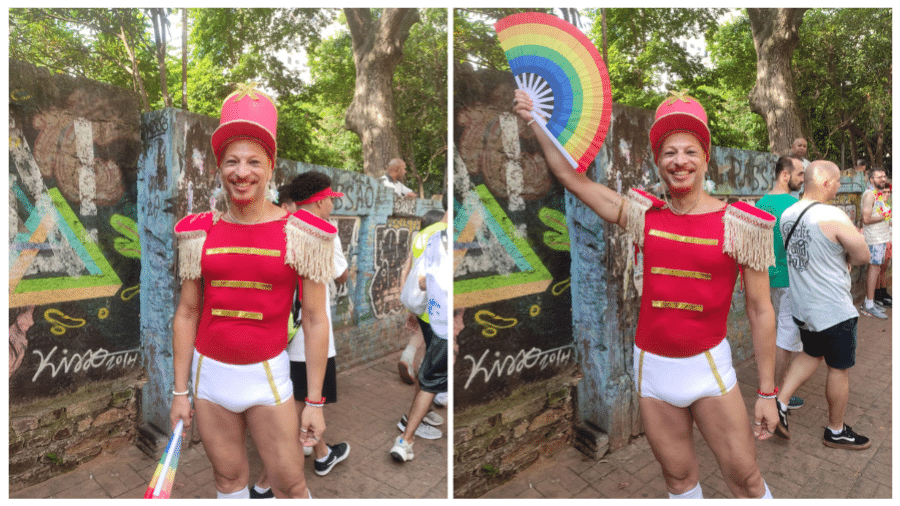 O bailarino Orlando Dantas, 40, fantasiado de Paquita no bloco VRA Power, na rua Augusta, região central de Paulo