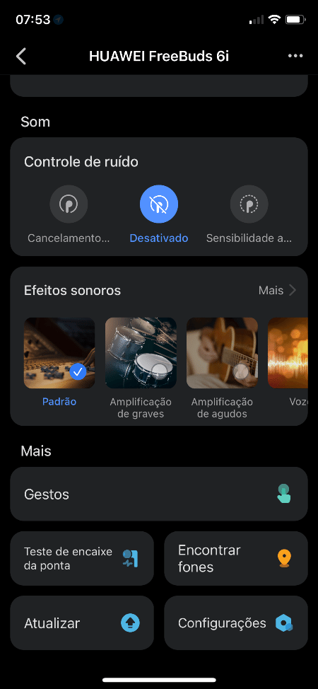 App durante os testes com o Huawei Feebuds 6i