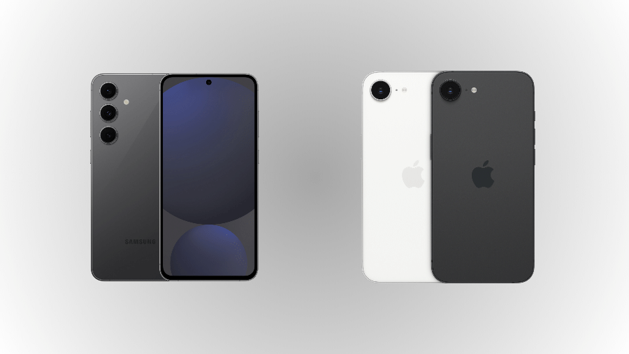 Samsung S24 FE e iPhone 16e: ambos têm traseira de vidro e moldura de alumínio Samsung S24 FE e iPhone 16e: ambos têm traseira de vidro e moldura de alumínio