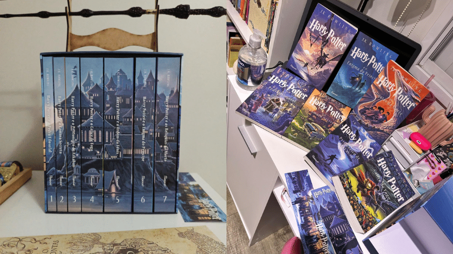 Box da saga Harry Potter possui sete livros e dois marcadores decorados Box da saga Harry Potter possui sete livros e dois marcadores decorados