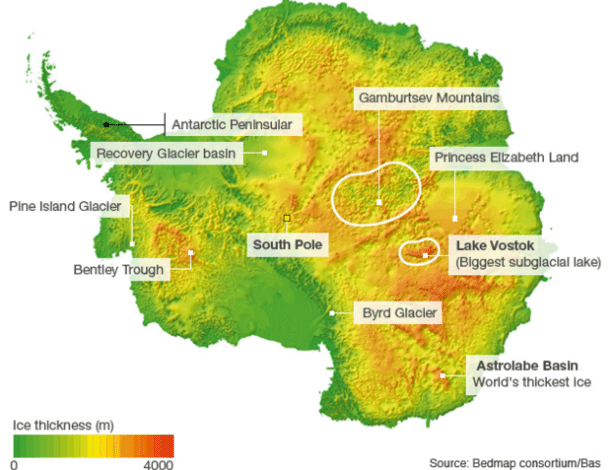 Mapa ilustra região onde um desconhecido sistema de cânions pode estar na Antártida - Divulgação/ BBC
