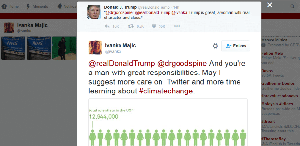 Tuíte de Ivanka Majic após ser marcada por engano por Donald Trump - Twitter/@Ivanka