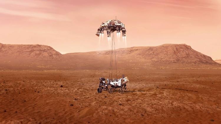 Ilustração do rover Perseverance descendo em Marte em ilustração feita pela Nasa - Nasa - Nasa