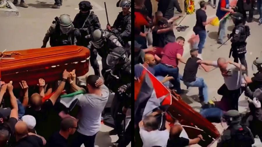 Imagens compartilhadas nas redes sociais mostram o caixão da jornalista palestino-americana Shireen Abu Akleh caindo no chão - Reprodução/Twitter/@Rushdibbc