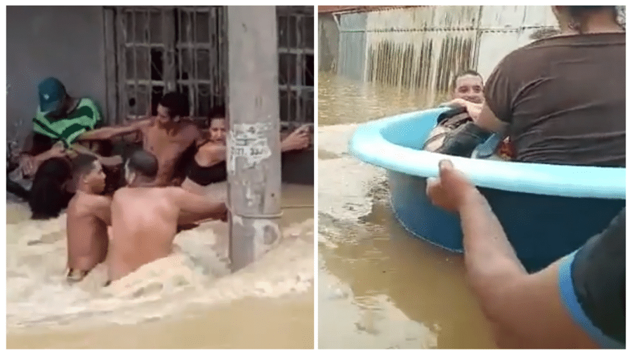 Moradores de Cariacica e Viana, no ES, improvisam para conseguir escapar das enchentes e enxurradas provocadas pelas chuvas - Reprodução/Redes Sociais