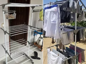 'Cabe bastante roupa': varal de três andares está em oferta por R$ 90