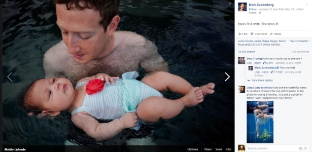 26.jan.2016 - Mark Zuckerberg posta foto com filha na piscina - Reprodução/Facebook