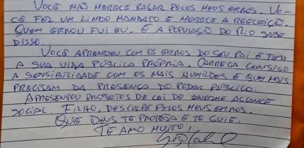 Trecho da carta do ex-governador Sérgio Cabral (MDB) para o filho, Marco Antônio Cabral (MDB-RJ)